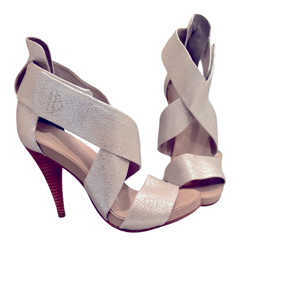 Theory Vidar Pale Gray Silver Strappy Heeled Sandals